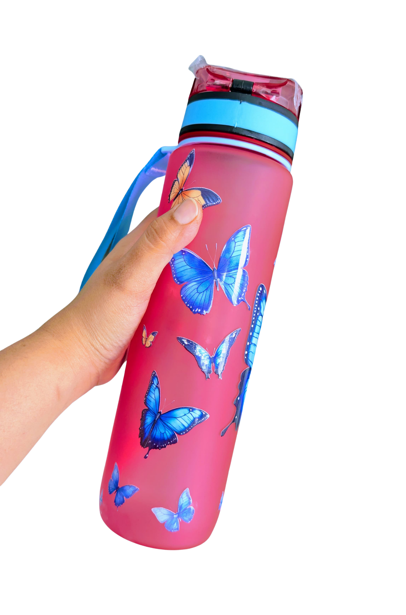Frosted Pink Butterfly Water Bottle - Leak-Proof, BPA-Free Sport Bottle with Carrying Strap