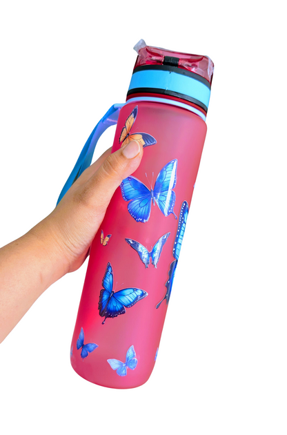 Frosted Pink Butterfly Water Bottle - Leak-Proof, BPA-Free Sport Bottle with Carrying Strap