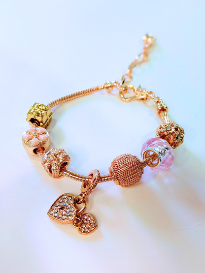 Trendy 18k Gold Plated Stainless steel Chain Alloy Charms Lover Heart Flower Clover Crystal CZ Women's Bracelet