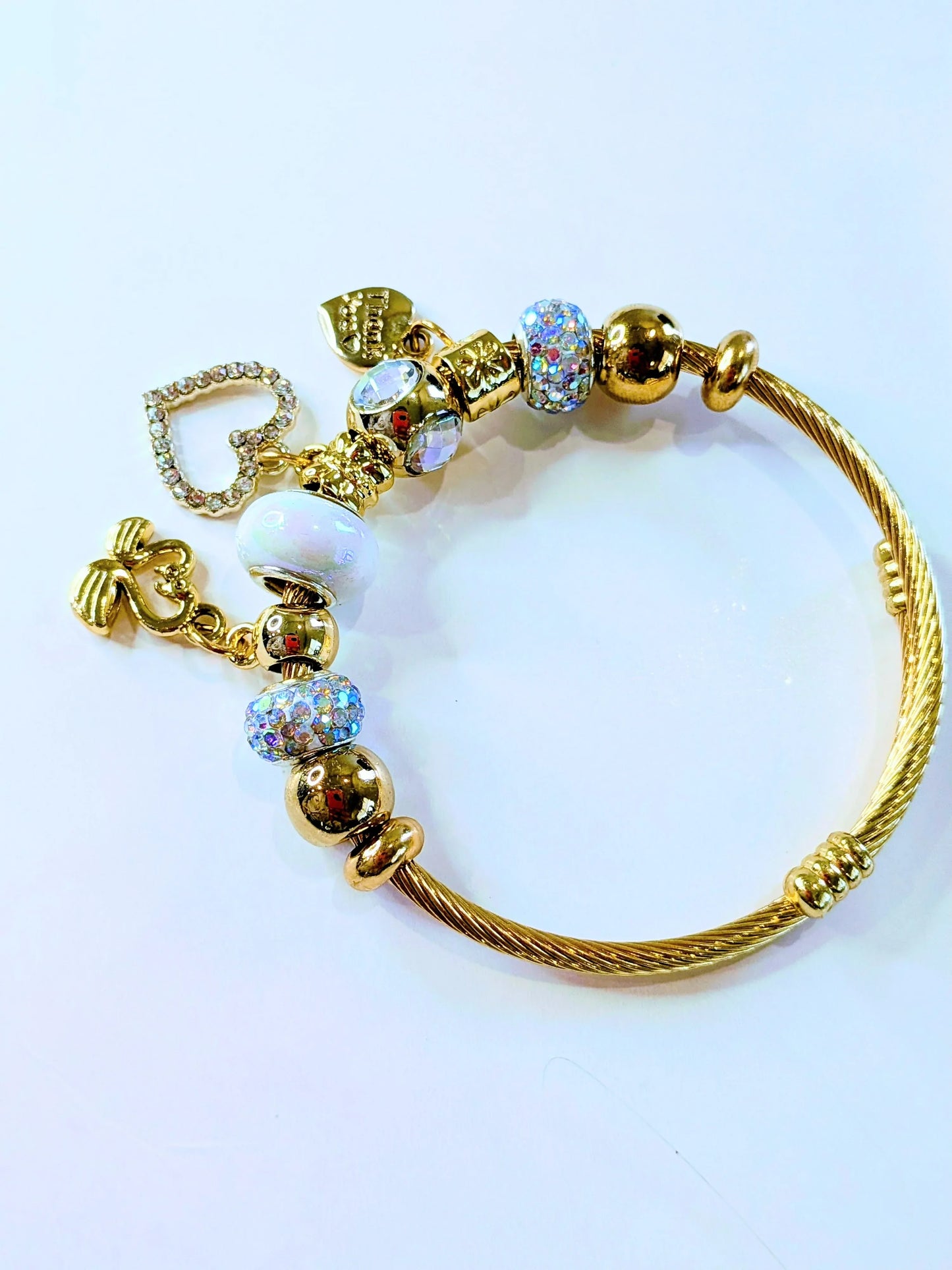 "Thank You" Heart Charm Bracelet – Adjustable Gold Twisted Bangle with Iridescent Crystal Beads - RizQ Life 