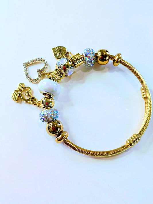 "Thank You" Heart Charm Bracelet – Adjustable Gold Twisted Bangle with Iridescent Crystal Beads - RizQ Life 
