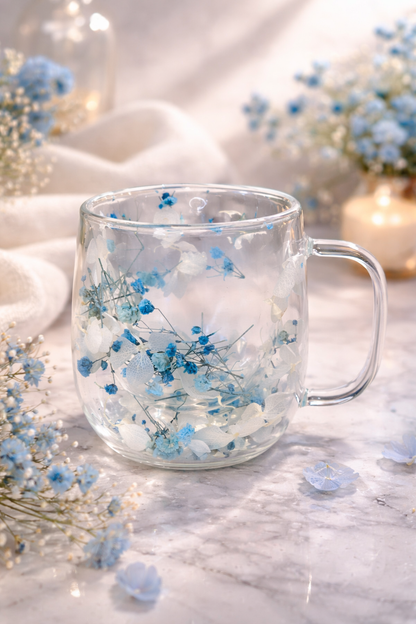 Clear Floral Glass Mug with Handle – Heat Resistant Insulated Glass Cup for Her, Dried Flower Gift
