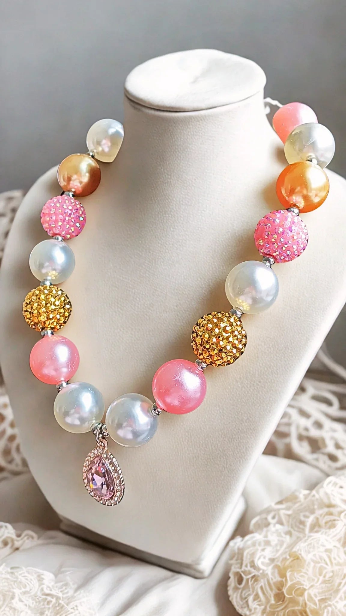 Pink Pearl Bubble Bead Necklace with Crystal Teardrop Pendant – Statement Chunky Fashion Jewelry - RizQ Life 