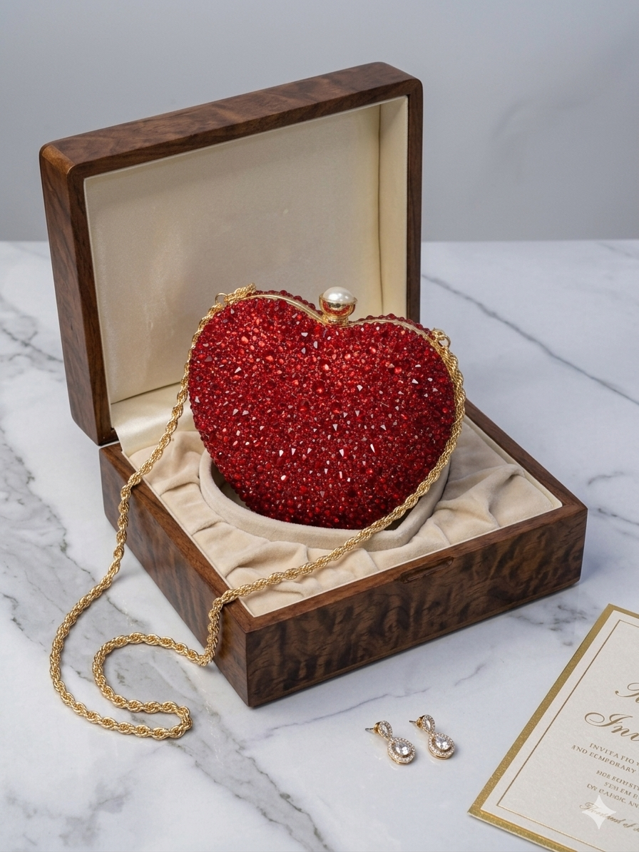 Sparkly Heart-Shaped Crystal Clutch – Red Rhinestone Evening Bag with Gold Chain