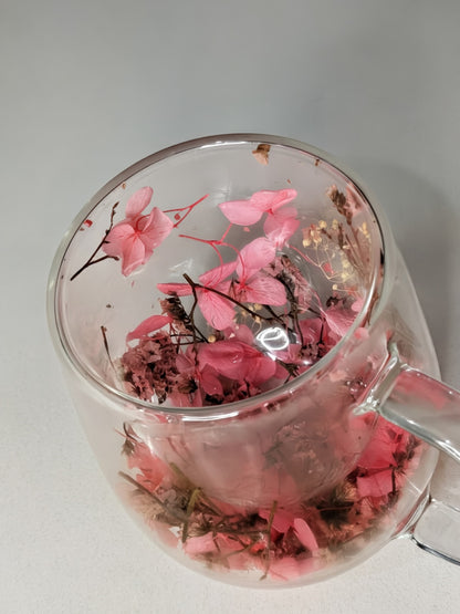 Clear Floral Glass Mug with Handle – Heat Resistant Insulated Glass Cup for Her, Dried Flower Gift