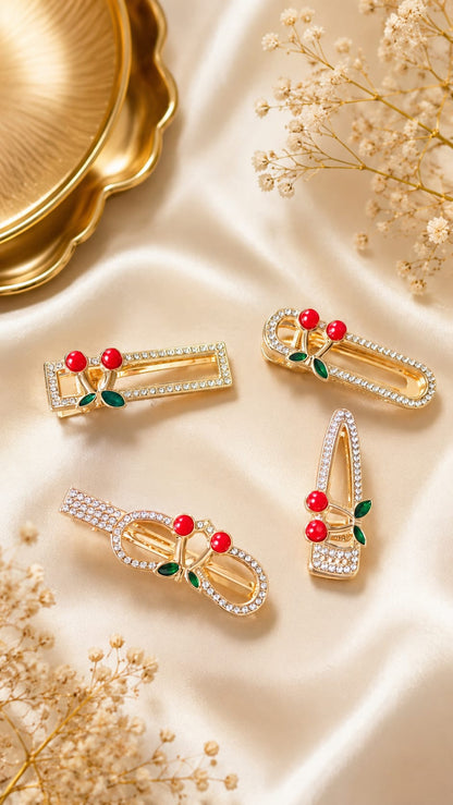 Gold Tone Rhinestone Cherry Hair Clip Set – Stylish Hair Accessories
