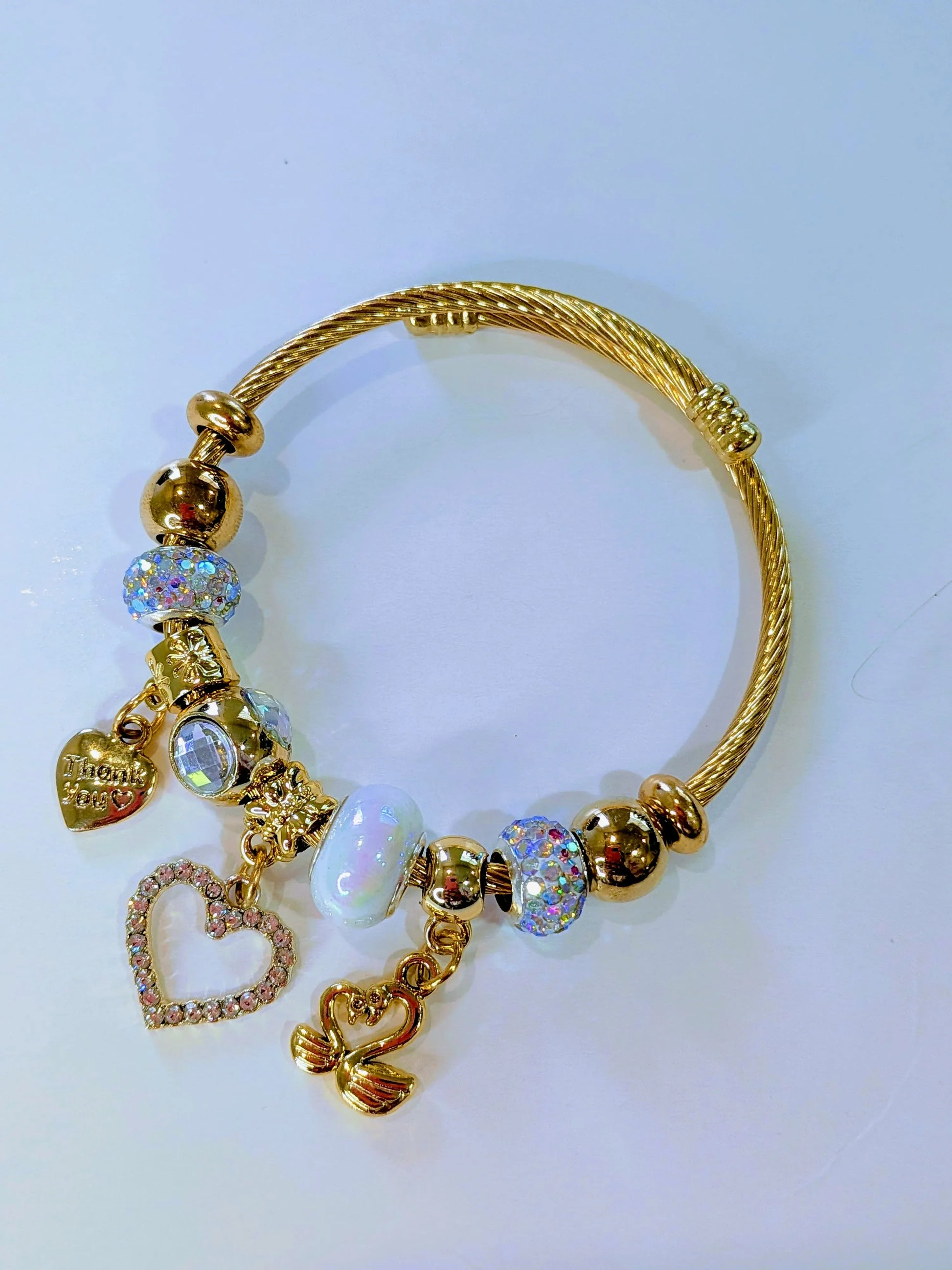 "Thank You" Heart Charm Bracelet – Adjustable Gold Twisted Bangle with Iridescent Crystal Beads - RizQ Life 