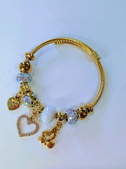 "Thank You" Heart Charm Bracelet – Adjustable Gold Twisted Bangle with Iridescent Crystal Beads - RizQ Life 