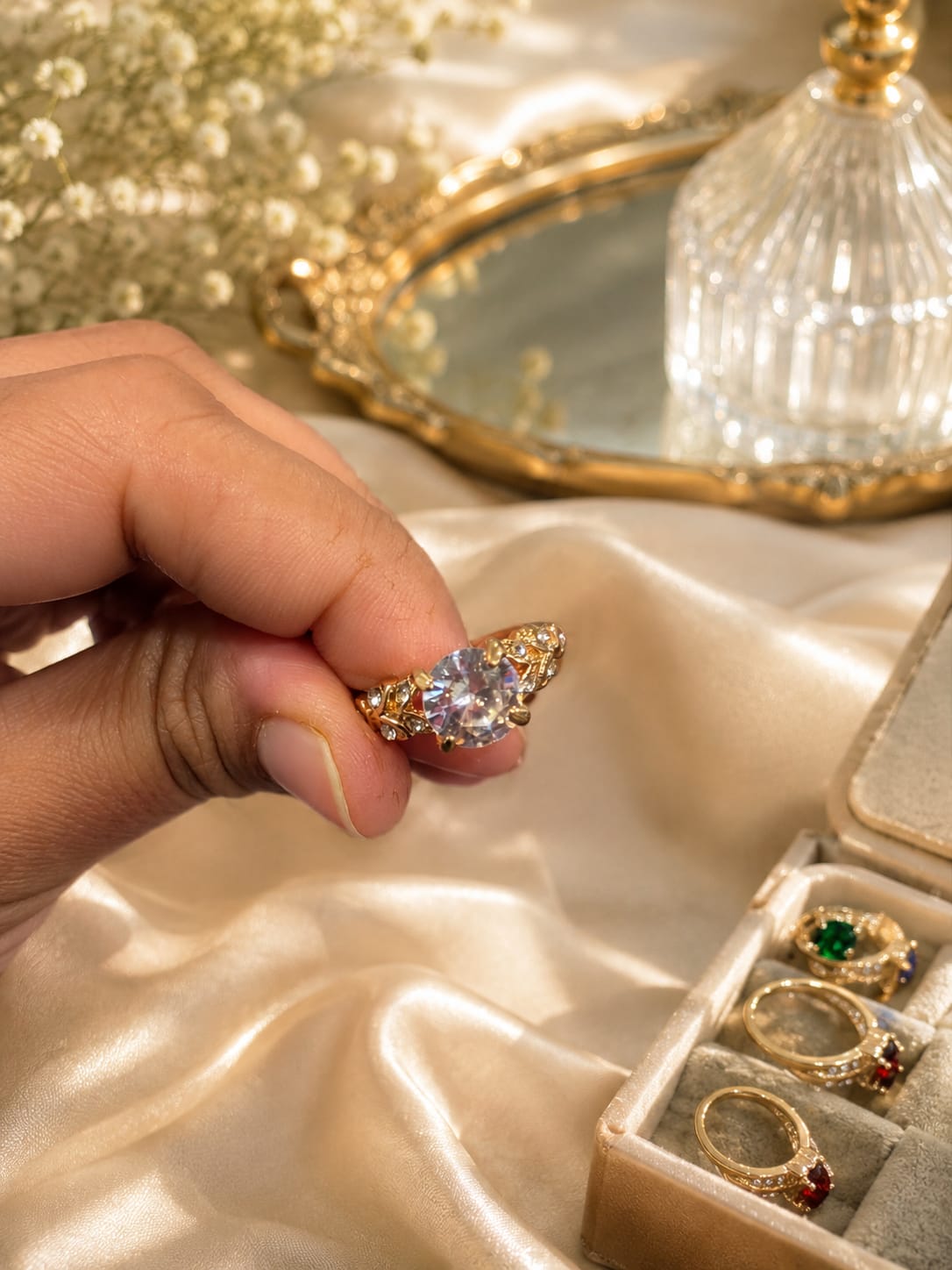 Royal Velvet High Heel Ring Holder Set with 7-Piece Multi-Color CZ Rings