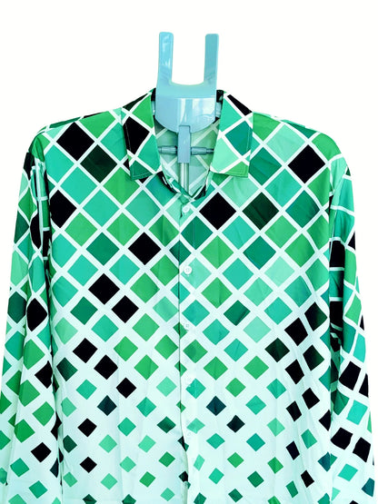 Men’s Green Geometric Print Button-Up Shirt – Long Sleeve Collared Casual & Smart Shirt - RizQ Life 
