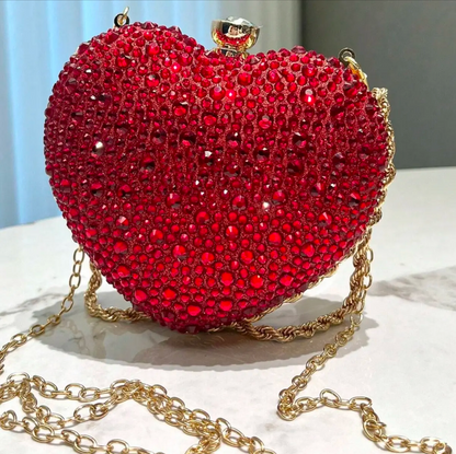 Sparkly Heart-Shaped Crystal Clutch – Red Rhinestone Evening Bag with Gold Chain