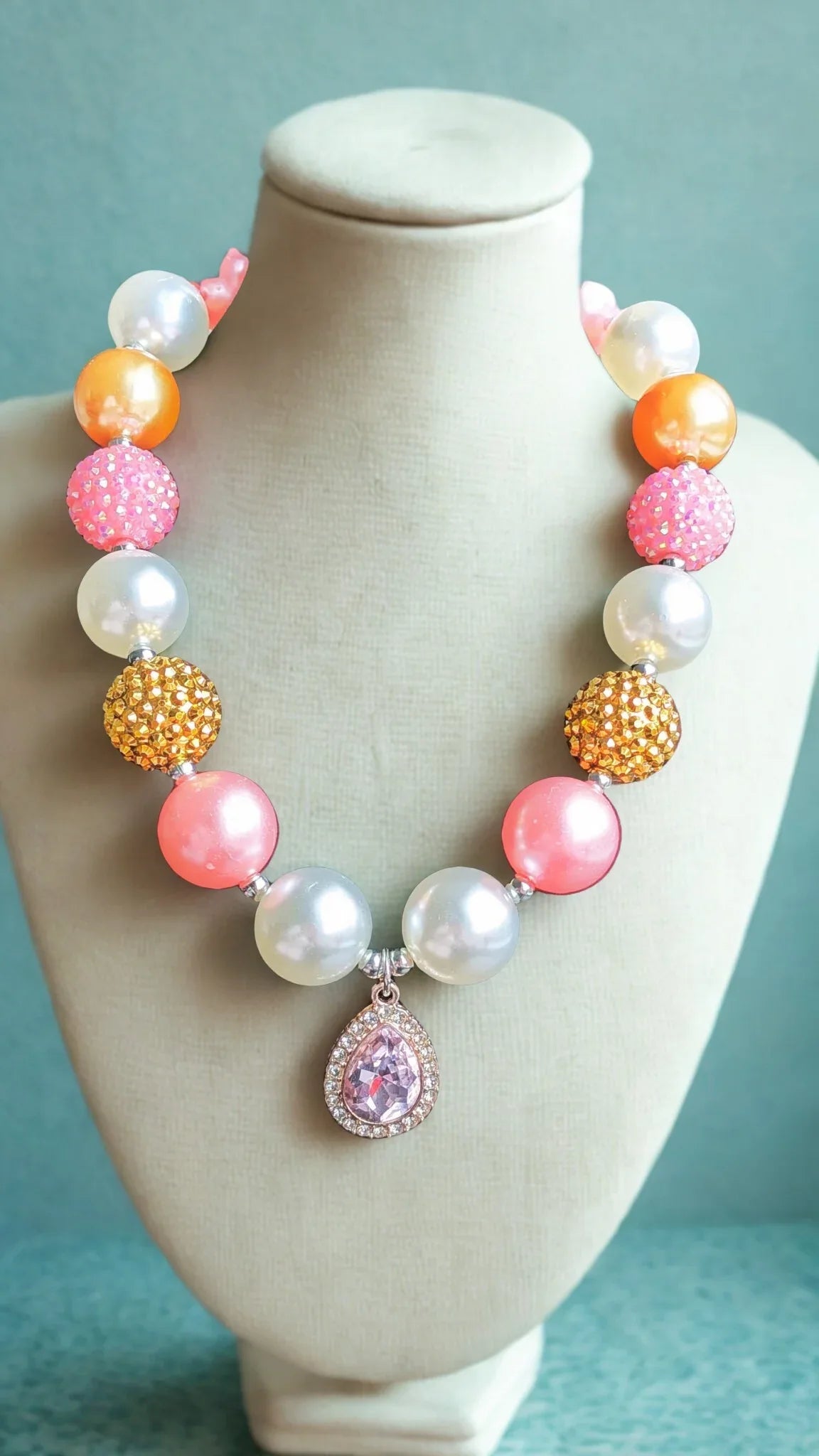 Pink Pearl Bubble Bead Necklace with Crystal Teardrop Pendant – Statement Chunky Fashion Jewelry - RizQ Life 