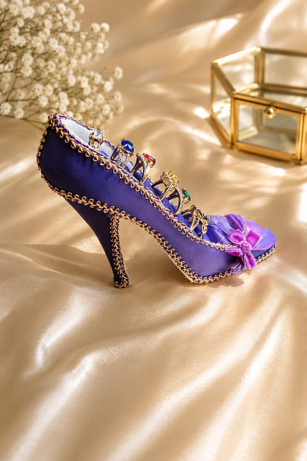 Royal Velvet High Heel Ring Holder Set with 7-Piece Multi-Color CZ Rings