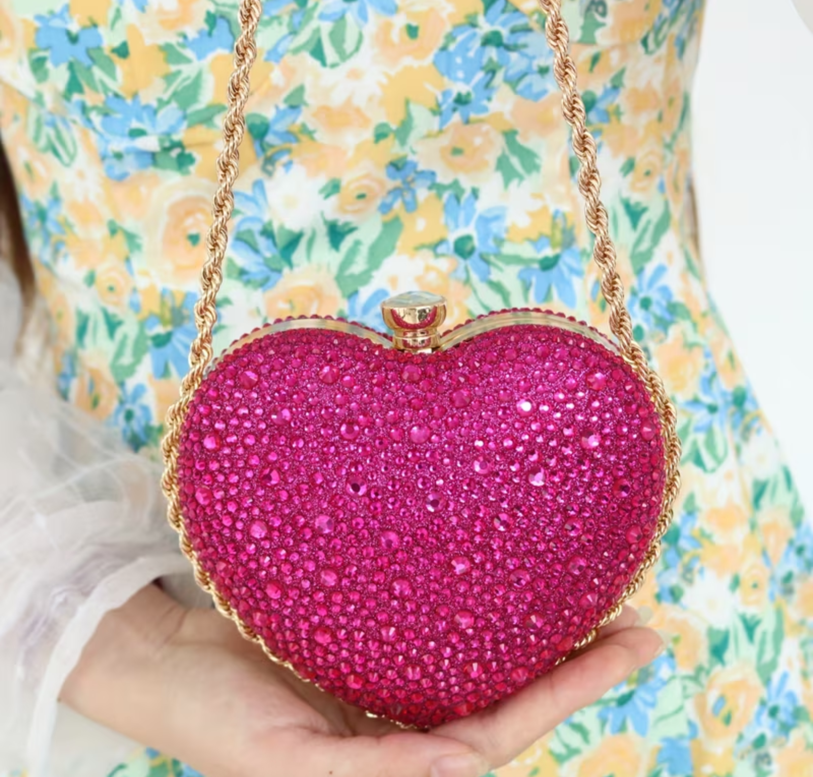 Sparkly Heart-Shaped Crystal Clutch – Hot Pink Rhinestone Evening Bag with Gold Chain