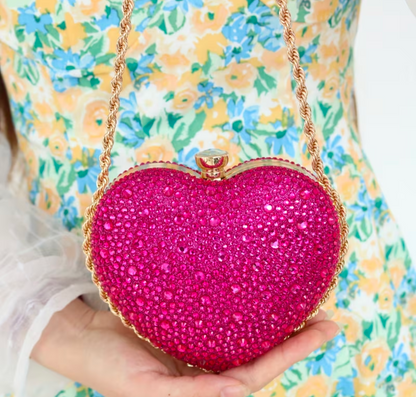 Sparkly Heart-Shaped Crystal Clutch – Hot Pink Rhinestone Evening Bag with Gold Chain