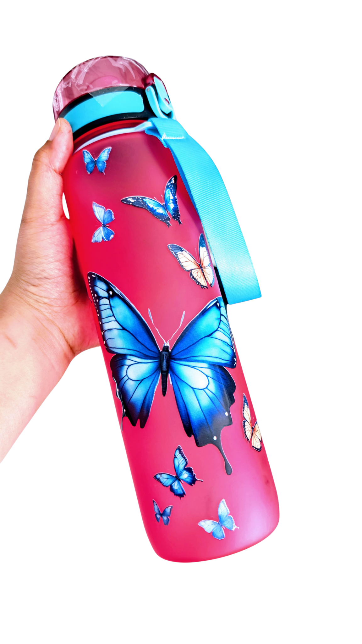 Frosted Pink Butterfly Water Bottle - Leak-Proof, BPA-Free Sport Bottle with Carrying Strap