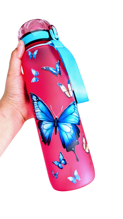 Frosted Pink Butterfly Water Bottle - Leak-Proof, BPA-Free Sport Bottle with Carrying Strap