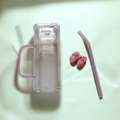 The Coquette Bow All-Glass Tumbler Mug with Glass Straw & Handle