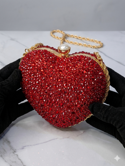 Sparkly Heart-Shaped Crystal Clutch – Red Rhinestone Evening Bag with Gold Chain