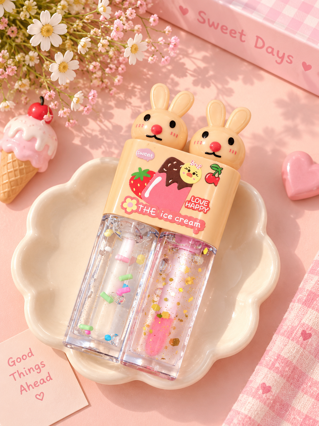 Kawaii Bunny Lip Gloss Duo – Clear & Pink Glitter Gloss | Cute Shiny Lip Makeup 🐰💗