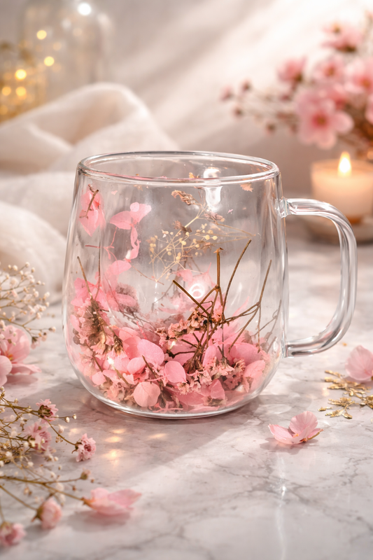 Clear Floral Glass Mug with Handle – Heat Resistant Insulated Glass Cup for Her, Dried Flower Gift