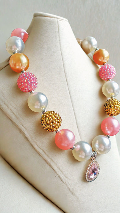 Pink Pearl Bubble Bead Necklace with Crystal Teardrop Pendant – Statement Chunky Fashion Jewelry - RizQ Life 