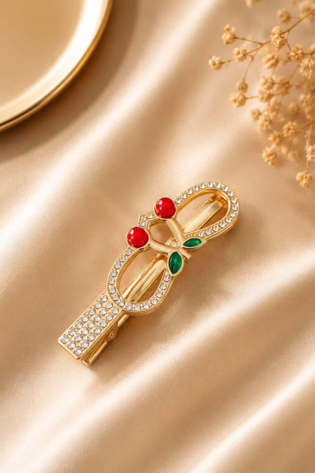 Gold Tone Rhinestone Cherry Hair Clip Set – Stylish Hair Accessories