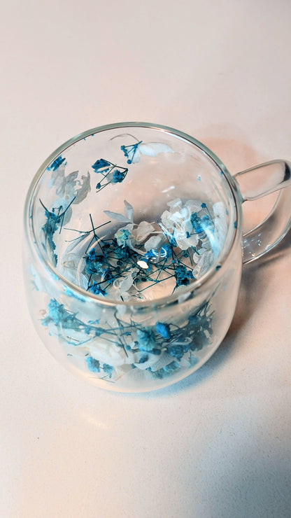 Clear Floral Glass Mug with Handle – Heat Resistant Insulated Glass Cup for Her, Dried Flower Gift