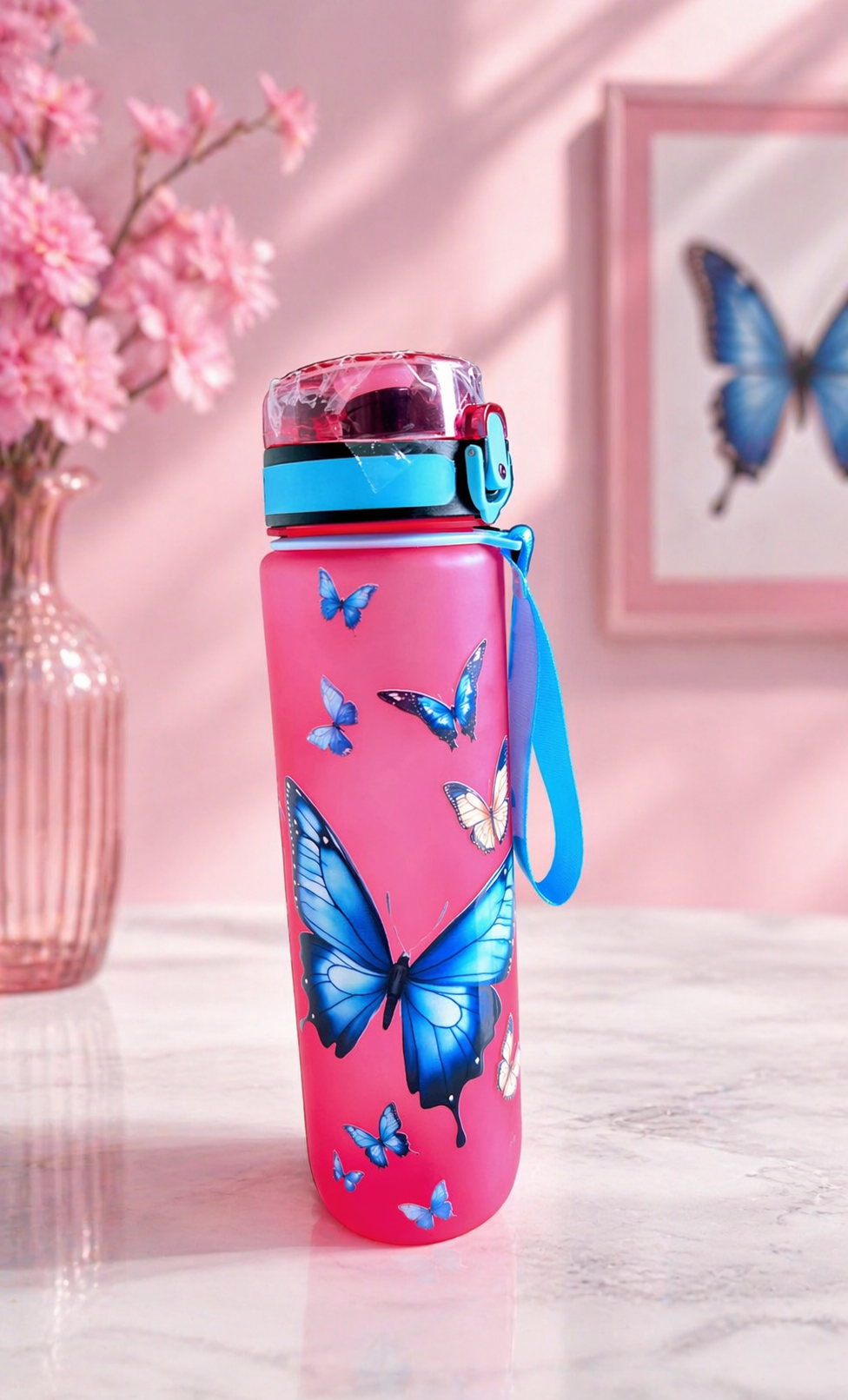 Frosted Pink Butterfly Water Bottle - Leak-Proof, BPA-Free Sport Bottle with Carrying Strap
