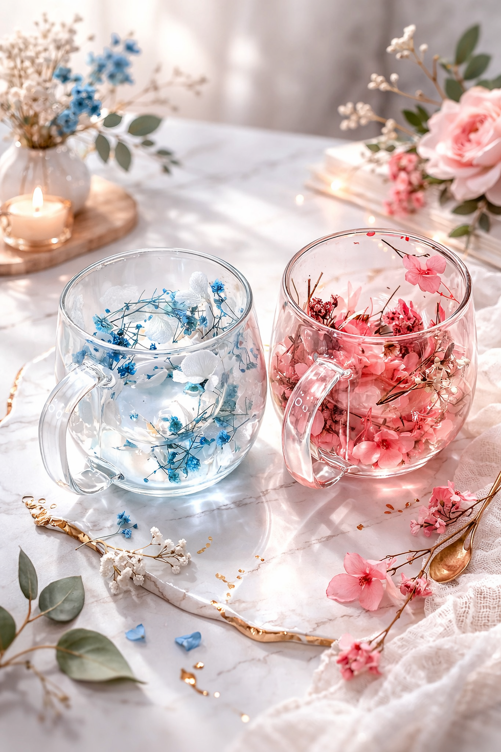 Clear Floral Glass Mug with Handle – Heat Resistant Insulated Glass Cup for Her, Dried Flower Gift