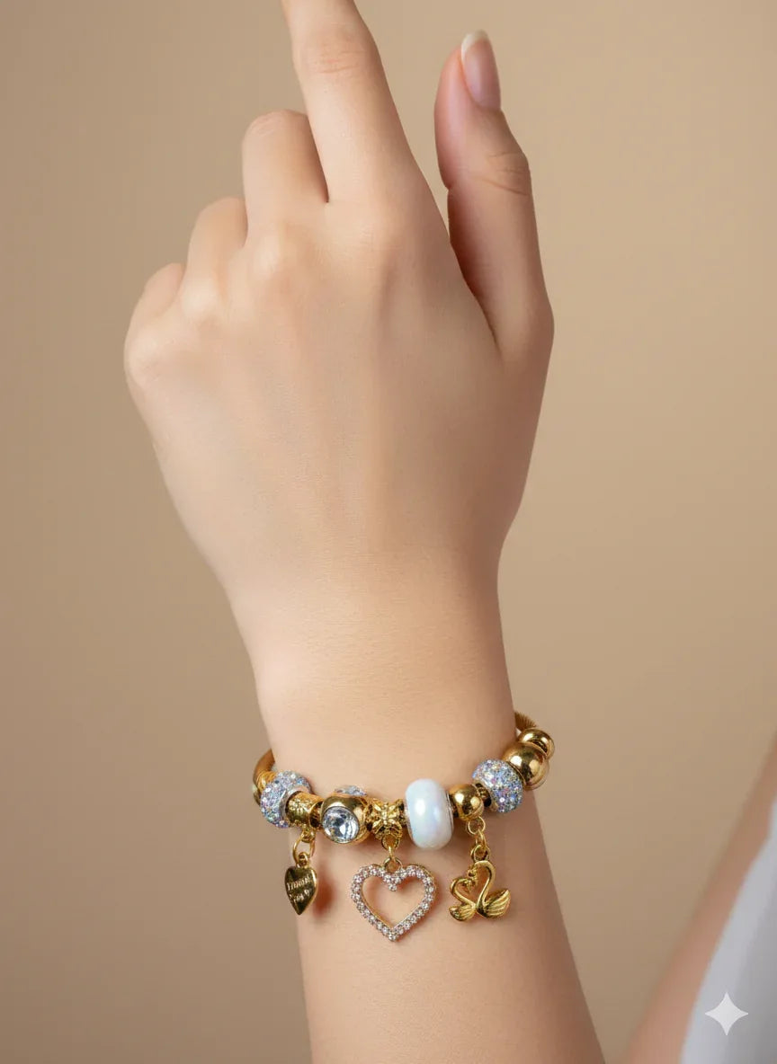 "Thank You" Heart Charm Bracelet – Adjustable Gold Twisted Bangle with Iridescent Crystal Beads - RizQ Life 