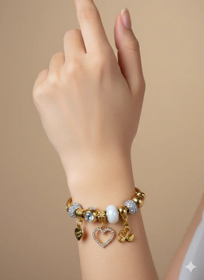 "Thank You" Heart Charm Bracelet – Adjustable Gold Twisted Bangle with Iridescent Crystal Beads - RizQ Life 