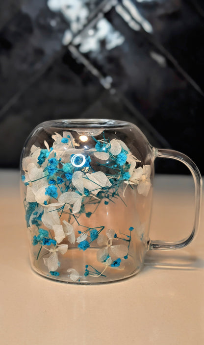 Clear Floral Glass Mug with Handle – Heat Resistant Insulated Glass Cup for Her, Dried Flower Gift