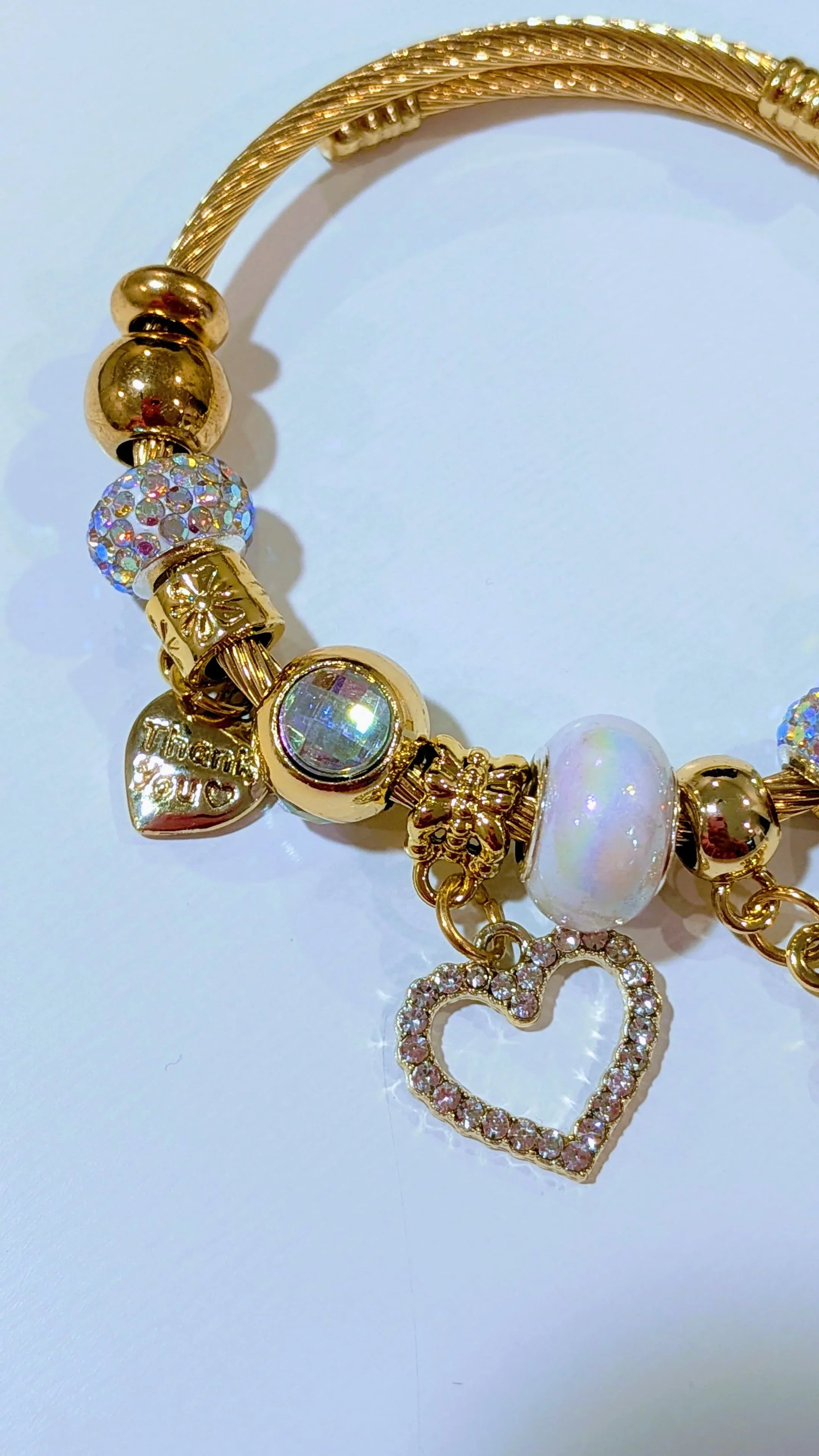 "Thank You" Heart Charm Bracelet – Adjustable Gold Twisted Bangle with Iridescent Crystal Beads - RizQ Life 