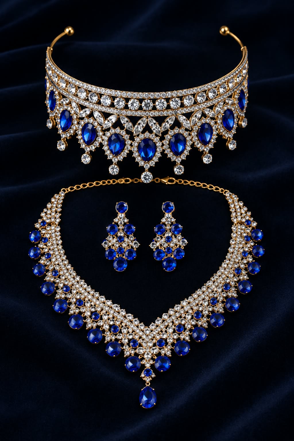 Royal Sapphire Blue & Gold 3-Piece Jewelry Set | Diwali, Bridal & Prom