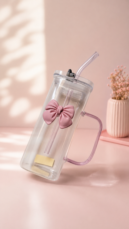 The Coquette Bow All-Glass Tumbler Mug with Glass Straw & Handle