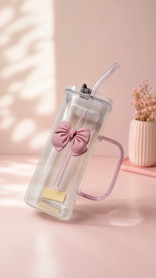 The Coquette Bow All-Glass Tumbler Mug with Glass Straw & Handle
