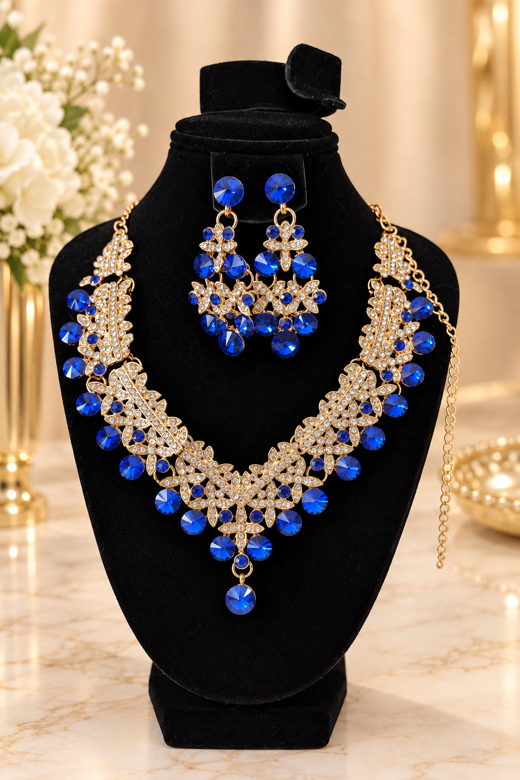 Royal Sapphire Blue & Gold 3-Piece Jewelry Set | Diwali, Bridal & Prom