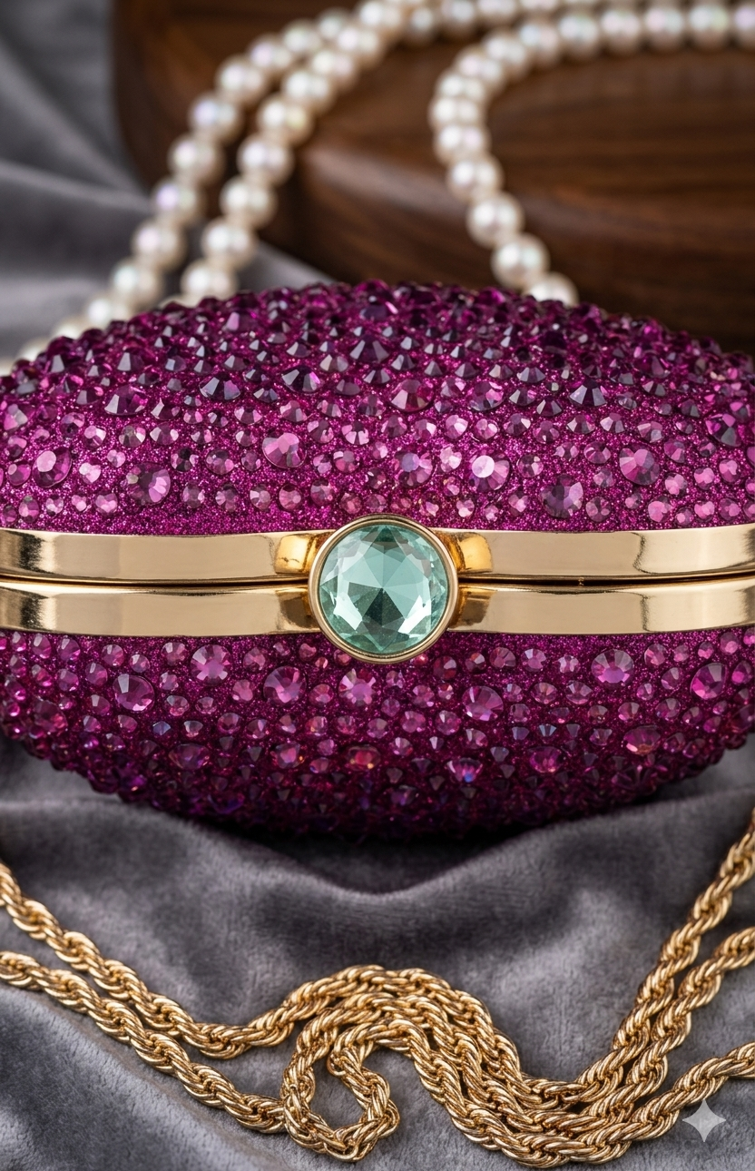 Sparkly Heart-Shaped Crystal Clutch – Hot Pink Rhinestone Evening Bag with Gold Chain