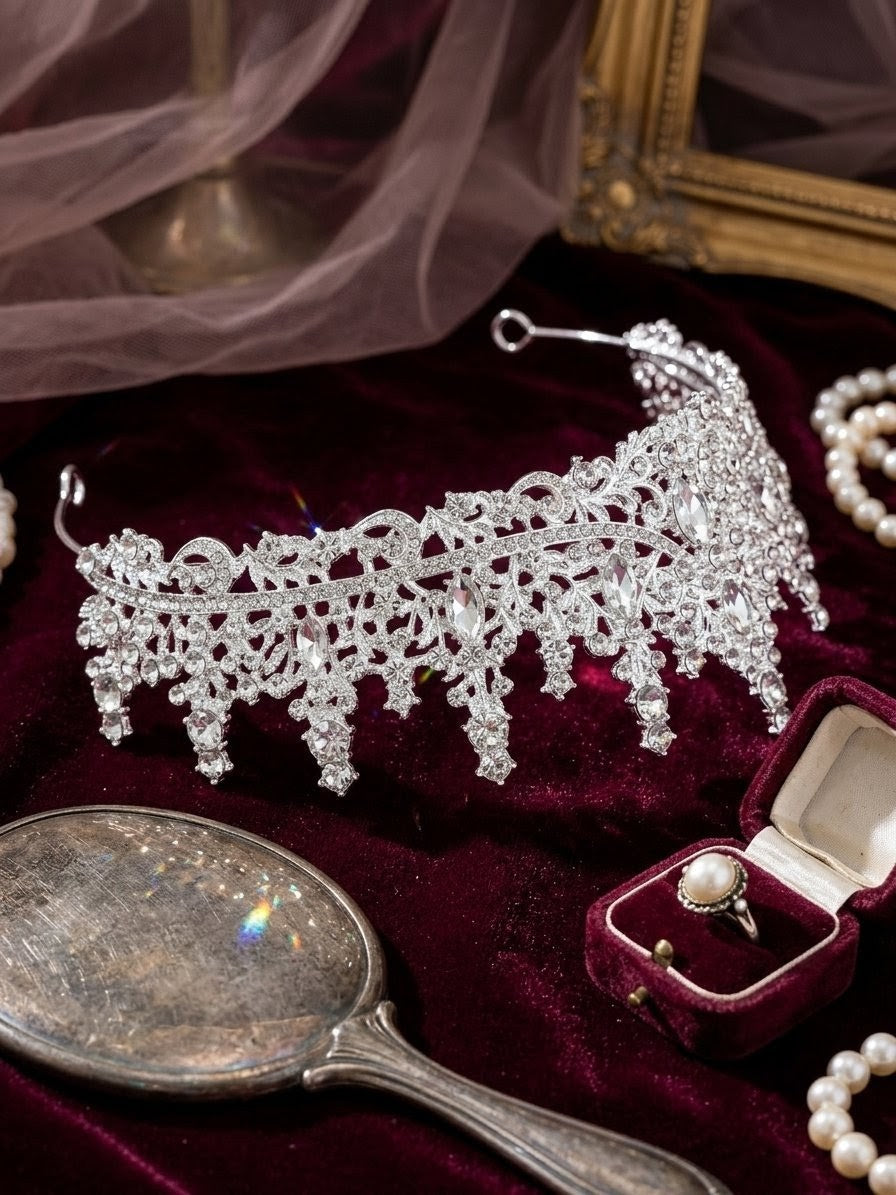 Luxury Crystal Bridal Jewelry Set with Tiara Crown, Necklace & Earrings – Silver Rhinestone Wedding Accessories