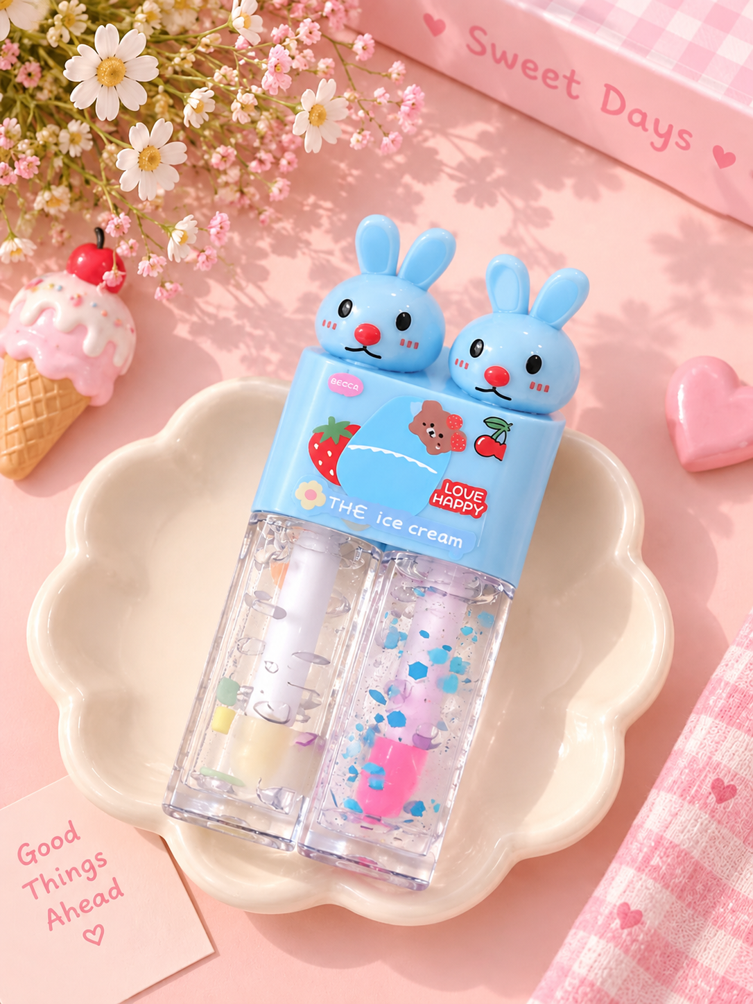 Kawaii Bunny Lip Gloss Duo – Clear & Pink Glitter Gloss | Cute Shiny Lip Makeup 🐰💗