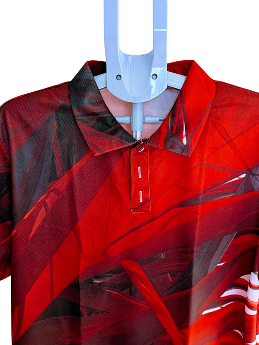 Men's Abstract Red & Black Sublimation Polo Shirt - Performance Fit, Size L