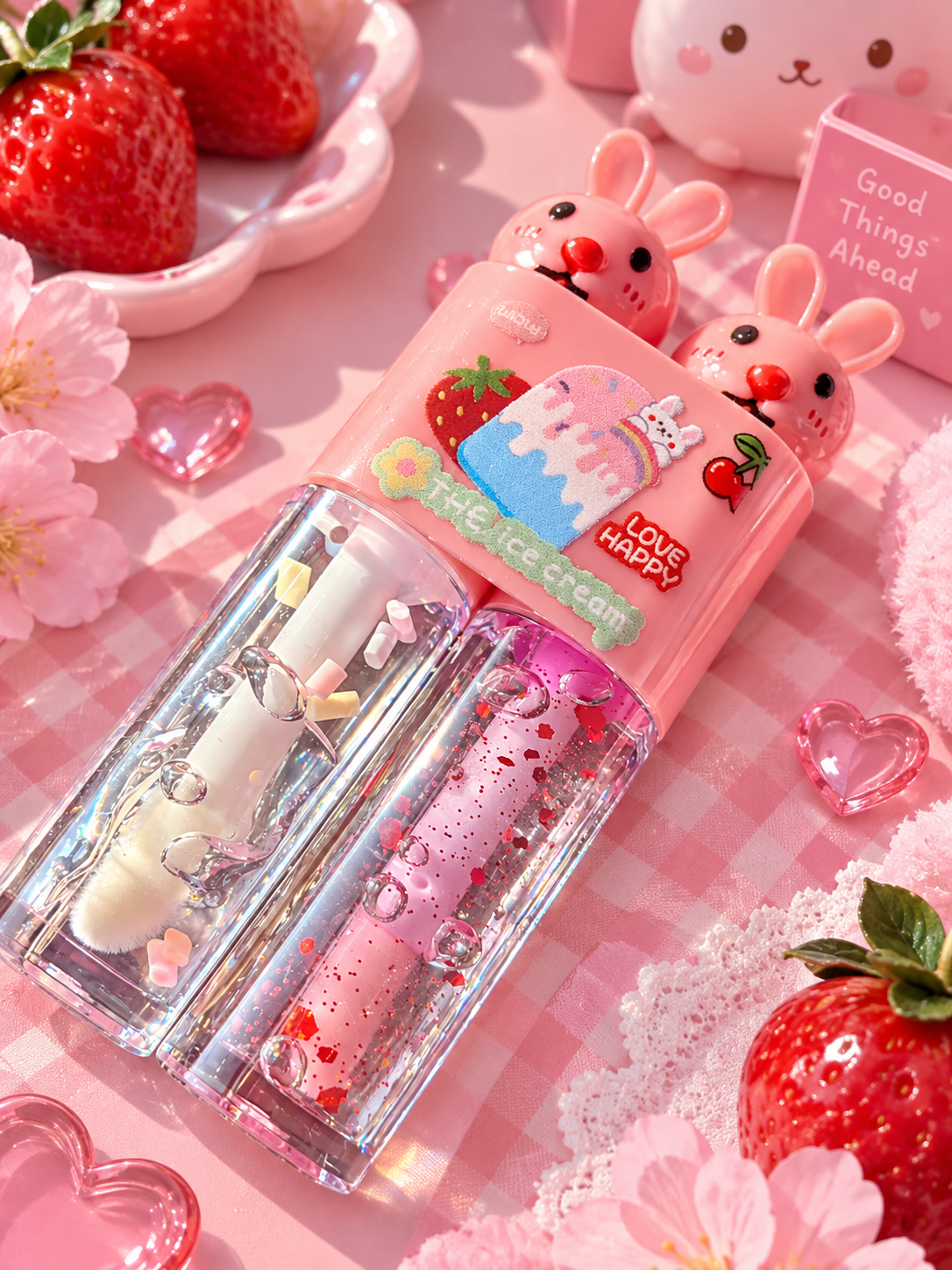 Kawaii Bunny Lip Gloss Duo – Clear & Pink Glitter Gloss | Cute Shiny Lip Makeup 🐰💗