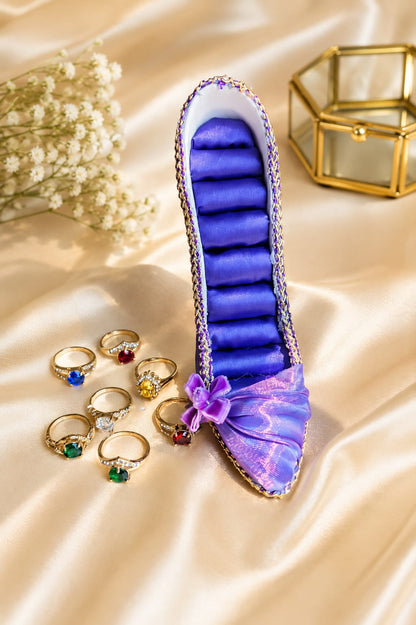 Royal Velvet High Heel Ring Holder Set with 7-Piece Multi-Color CZ Rings