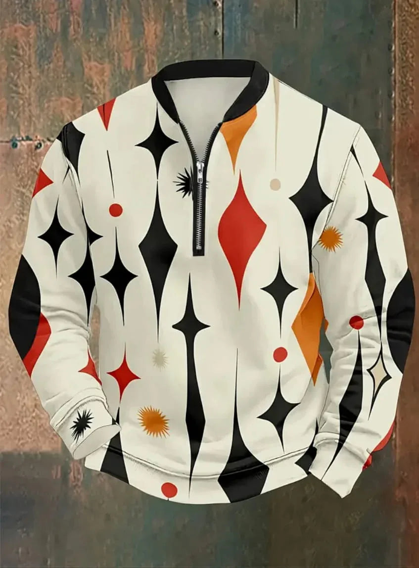 Men's Long Sleeve Shirt, Loose Fit V-Neck Zipper Front, All season Formal & Casual Tops, Geometric Pattern Men's Clothing - RizQ Life 