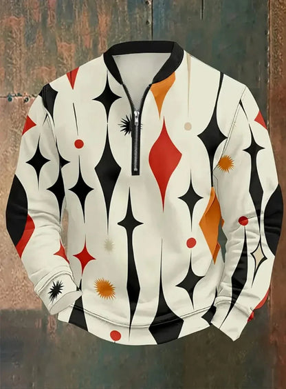 Men's Long Sleeve Shirt, Loose Fit V-Neck Zipper Front, All season Formal & Casual Tops, Geometric Pattern Men's Clothing - RizQ Life 