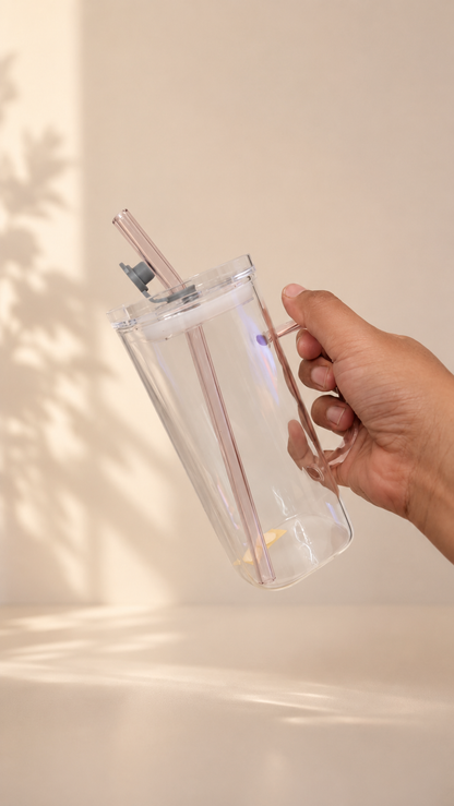 The Coquette Bow All-Glass Tumbler Mug with Glass Straw & Handle