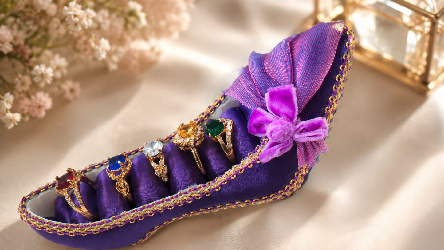 Royal Velvet High Heel Ring Holder Set with 7-Piece Multi-Color CZ Rings