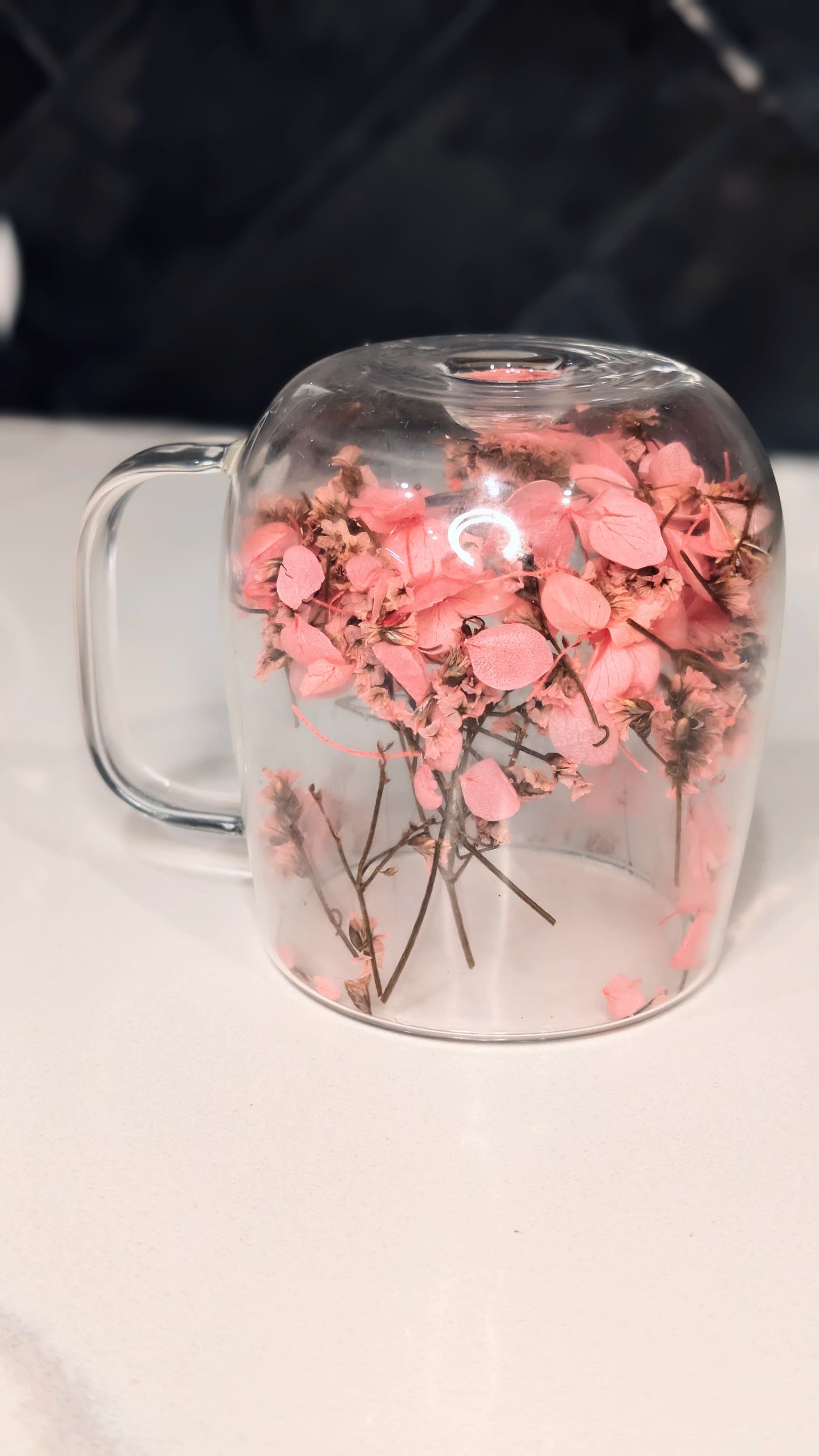 Clear Floral Glass Mug with Handle – Heat Resistant Insulated Glass Cup for Her, Dried Flower Gift
