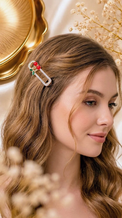 Gold Tone Rhinestone Cherry Hair Clip Set – Stylish Hair Accessories